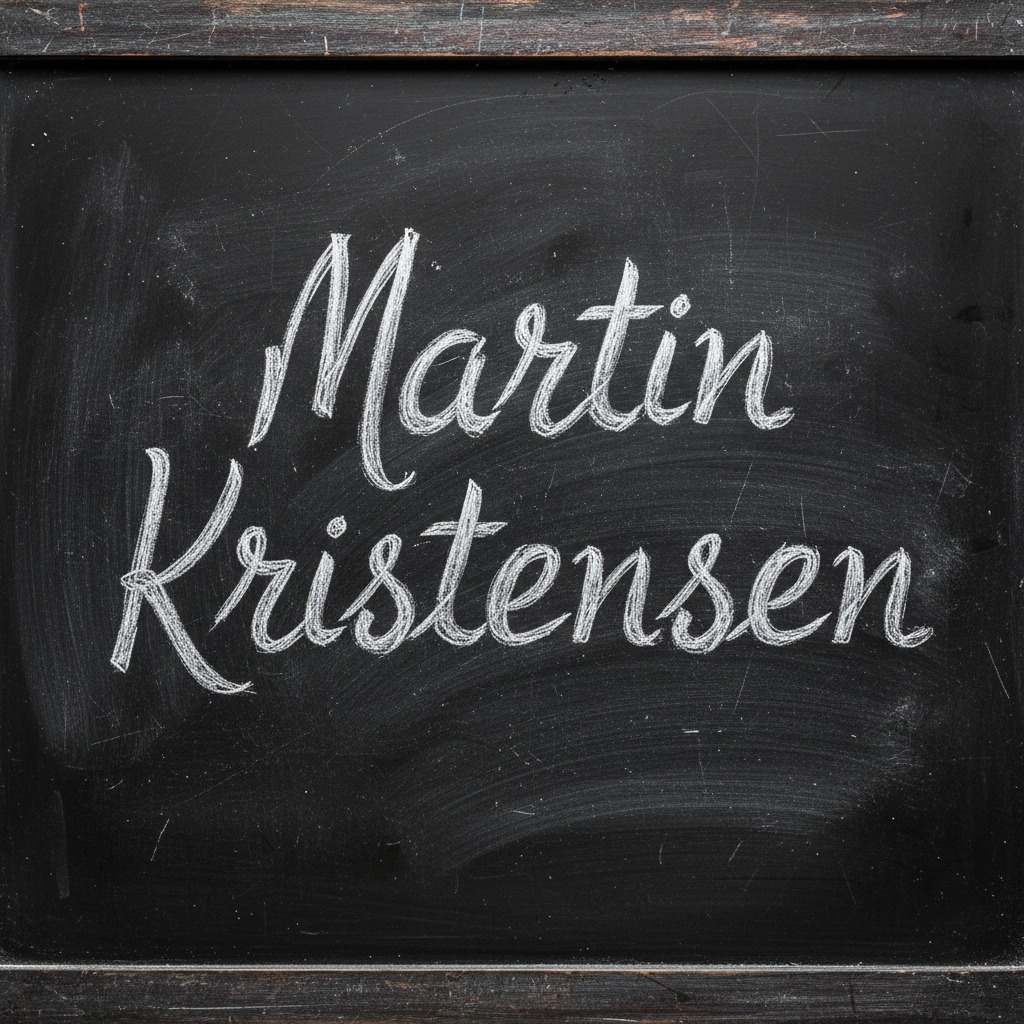 The name "Martin Kristensen" is written in white chalk on a black chalkboard with a wooden frame.
